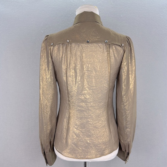 Karen Millen women’s Gold Metallic button-down shirt semi sheer blouse top SZ 6‎ - Picture 4 of 7